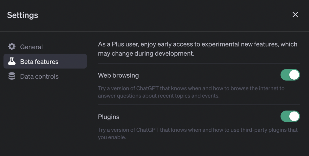 ChatGPT web browsing en plugins in de instellingen