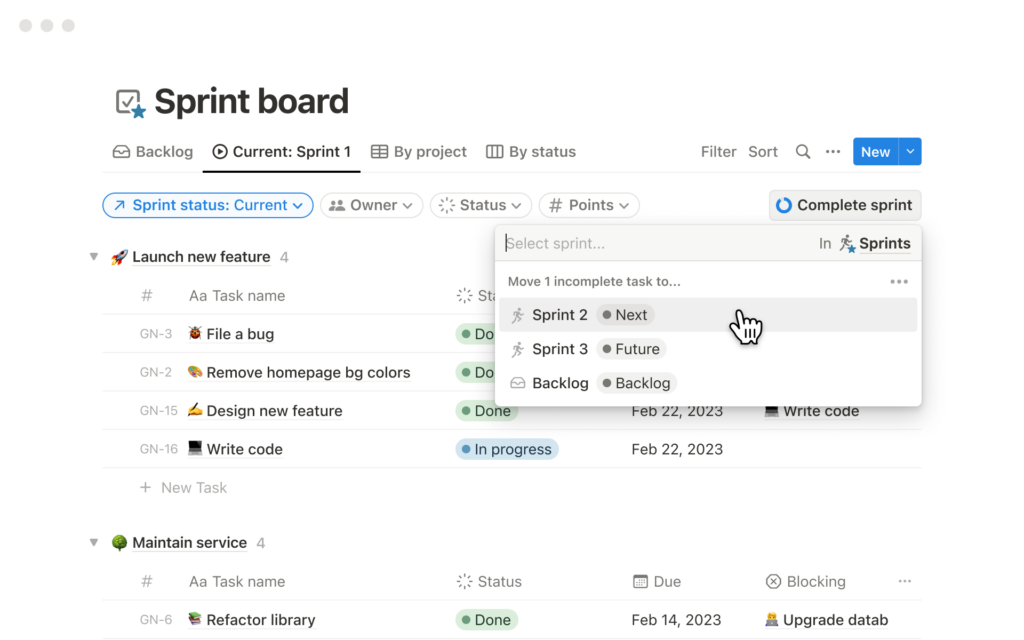 Notion Projects sprint bord